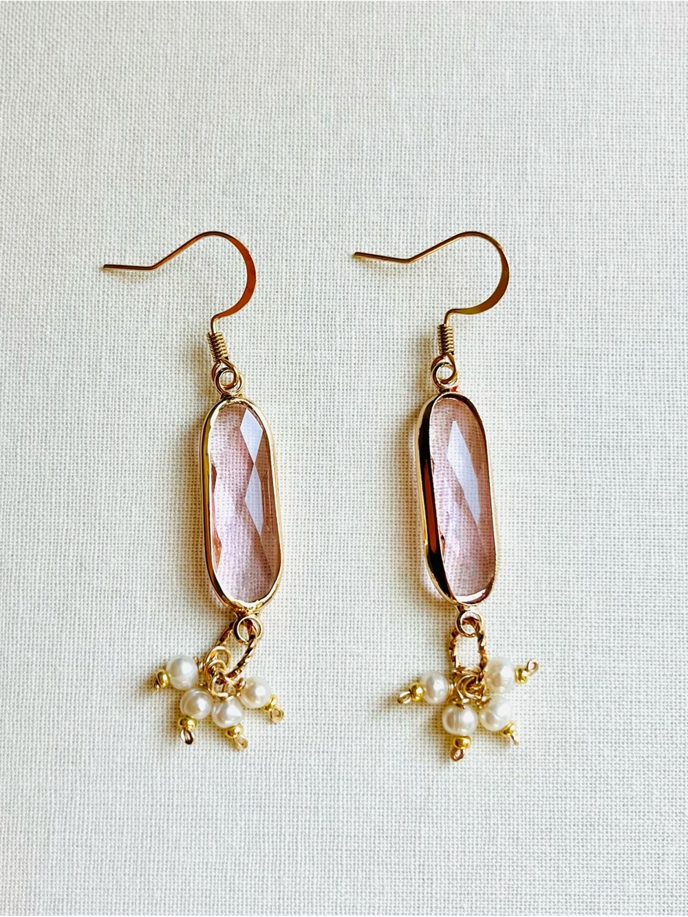 Gold-Tone Pink Crystal Drop Earrings with Pearl Clusters